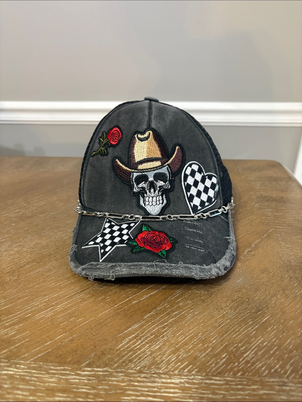 Skull Cowboy Patch Distressed Baseball Cap - Black